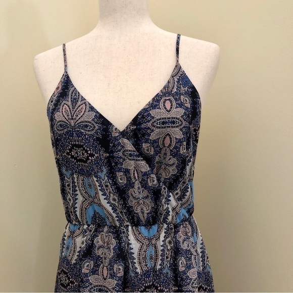 Lush. Faux Wrap High Low Maxi Dress. Blue and Pink Pattern. Small - Picture 2 of 15